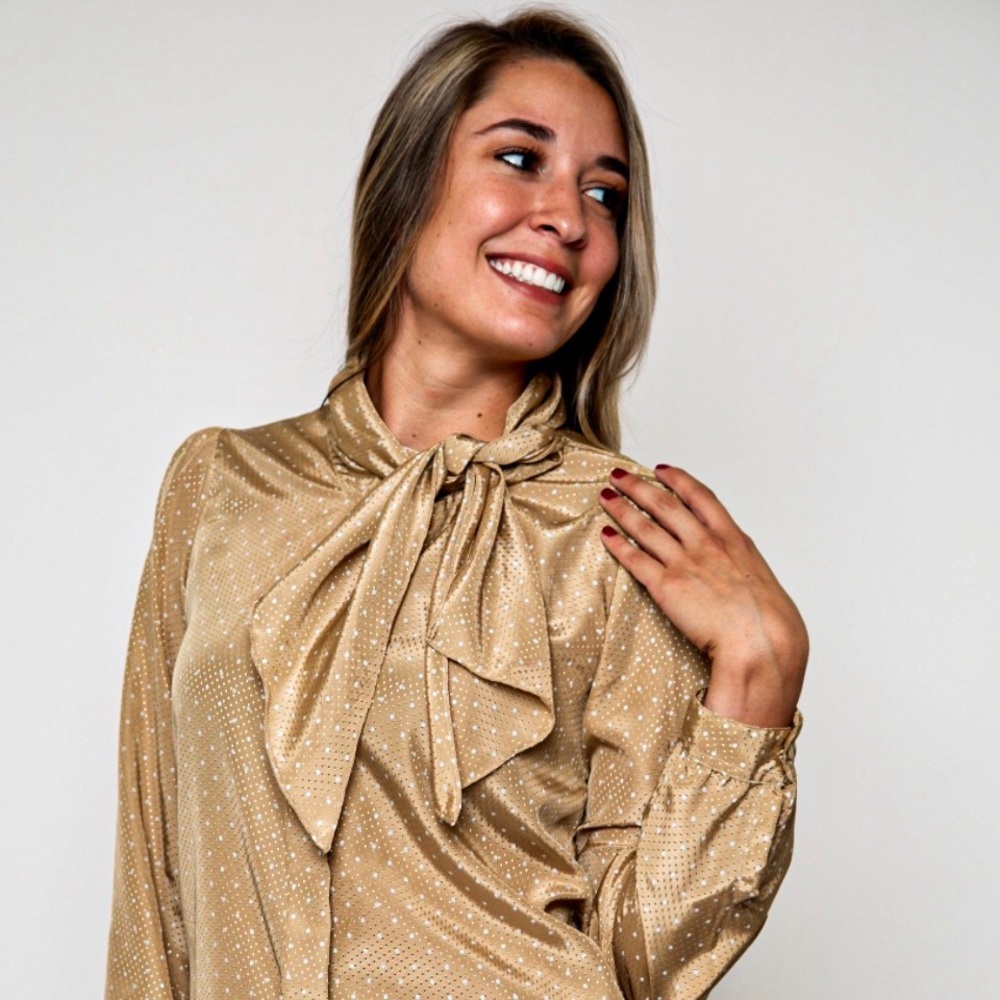 Vintage gold and white long sleeve Pussybow Blouse